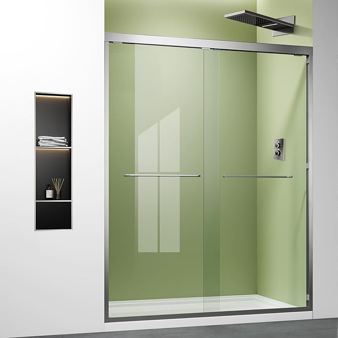Brushed Nickel Shower Glass Door,56-60 x 72 inch Bathroom Sliding Door with 1/4'' Clear Tempered Glass,Double Sliding Shower Doors for Walk-in Shower,Semi-Frameless Shower Door