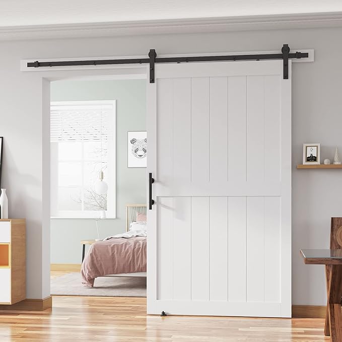 48''x 80'' Sliding Barn Door with 8 Ft Barn Door Hardware Kit& Handle& Floor Guides,Pre-Drilled Holes Easy Assembly - Include Installation Manual, Water-Proof PVC Surface, H-Frame, White