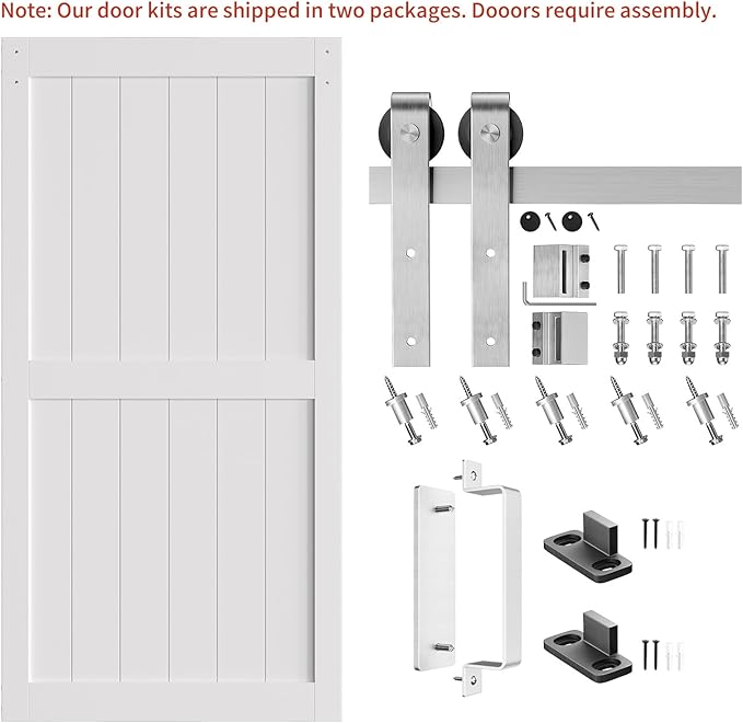 SmartStandard 40 x 84 inch White Sliding MDF Barn Door with 7FT Brushed Nickel Sliding Door Hardware Kit & Handle, Pre-Drilled Ready to Assemble, Waterproof PVC Coating, H-Frame
