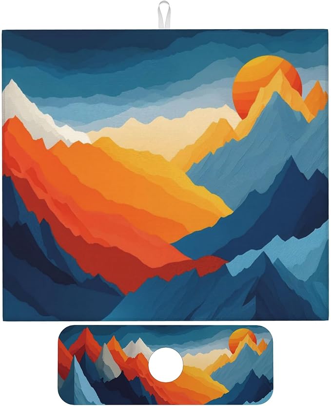 Colorful Mountains Sunset Dish Drying Mat for Kitchen Counter, 16"x18" Microfiber Absorbent Fast Dry Mat, 2Pcs Dish Mat Faucet Mats Sets, Large Drying Kitchen Mat Kitchen Drying Pad Coffee Bar Decor