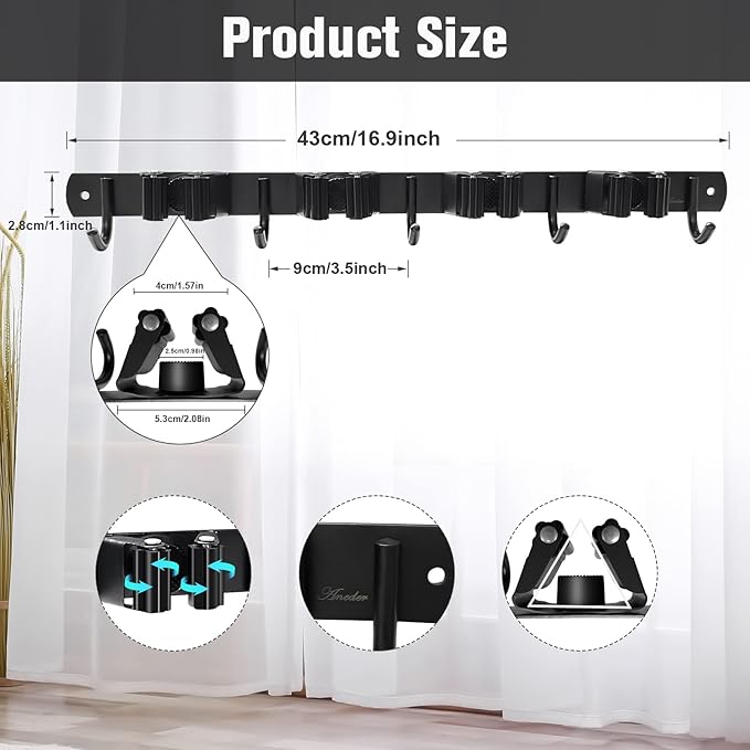 2 Pack Mop and Broom Holder Wall Mount 4 Racks and 5 Hooks Broom Organizer Storage Tool Racks Stainless Steel Heavy Duty Hooks for Home Kitchen Garden Laundry Garage