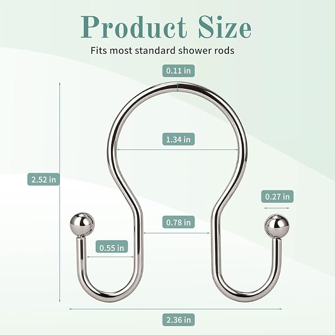 Goowin Shower Curtain Hooks, 12 Pcs Shower Curtain Rings, Stainless Steel Shower Curtain Hangers, Metal Shower Curtain Hooks Rings Rust Proof, Minimalist Shower Hooks for Shower Curtain, Nickel
