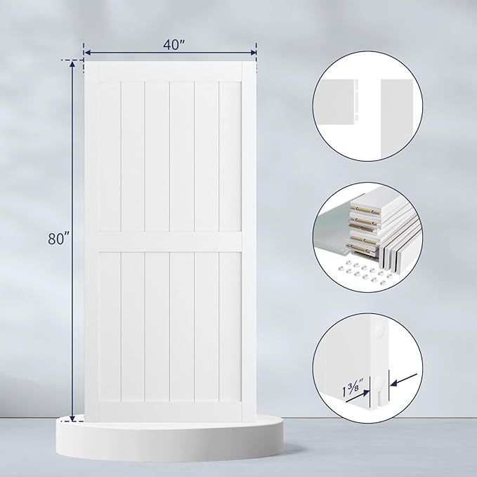 SmartStandard 40 x 80 inch White Sliding MDF Barn Door with 7FT Black Sliding Door Hardware Kit & Handle, Pre-Drilled Ready to Assemble, Waterproof PVC Coating, H-Frame