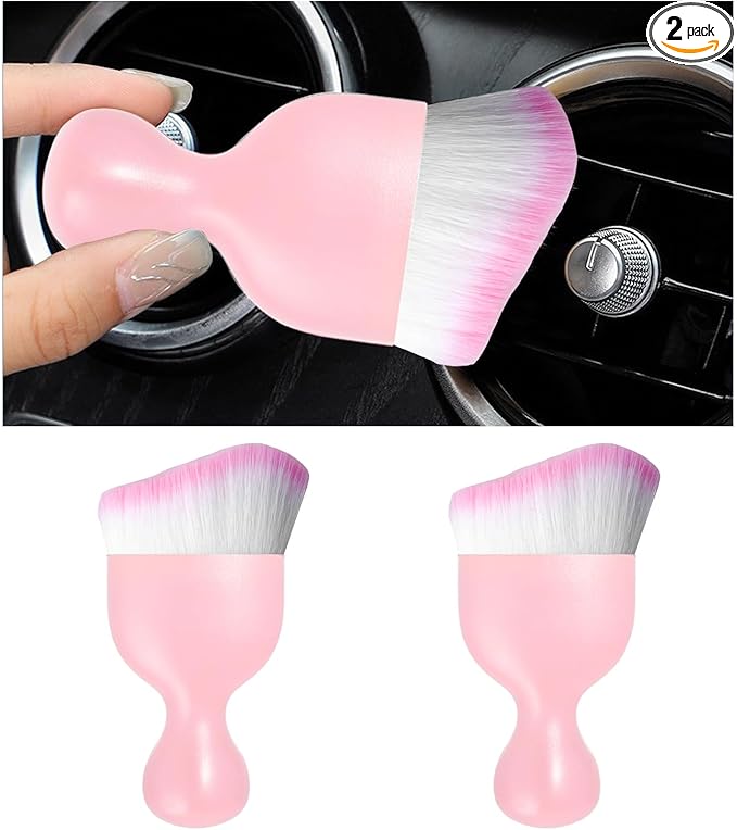 2PCS Car Interior Dust Brush, Soft Scratch Free Auto Detailing Brushes, Universal Vehicle Interior Cleaning Tool for Automotive Dashboard, Air Vents, Leather (Pink & Pink)