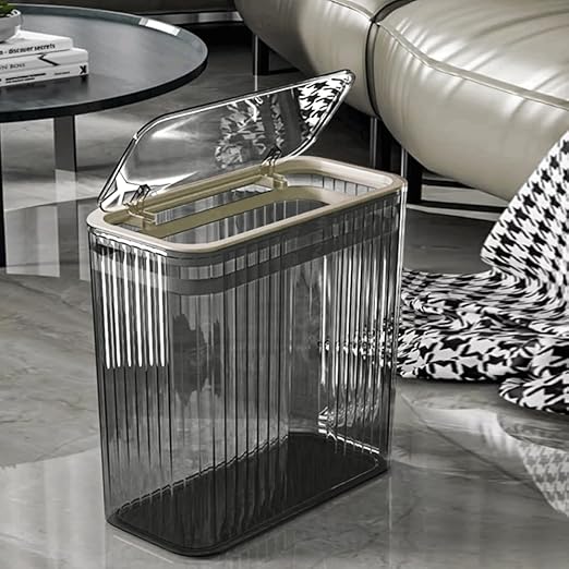 Bathroom Trash Can with Lid3.5 Gallon Garbage Can，for Bedroom, Office, Plastic Slim Waste Basket with Press Top Lid, 15l Clear Trash Bin for Home Slim Trash Bin Clear, Kitchen(Gray)
