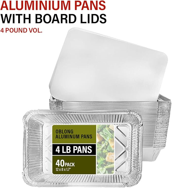 PARTY BARGAINS 4 lb Aluminum Pans with Board Lids, 40 Pack – 12 x 8 in Disposable Foil Roasting & Steam Table Pans for Catering, Takeout, Meal Prep, Oven Safe up to 240°C