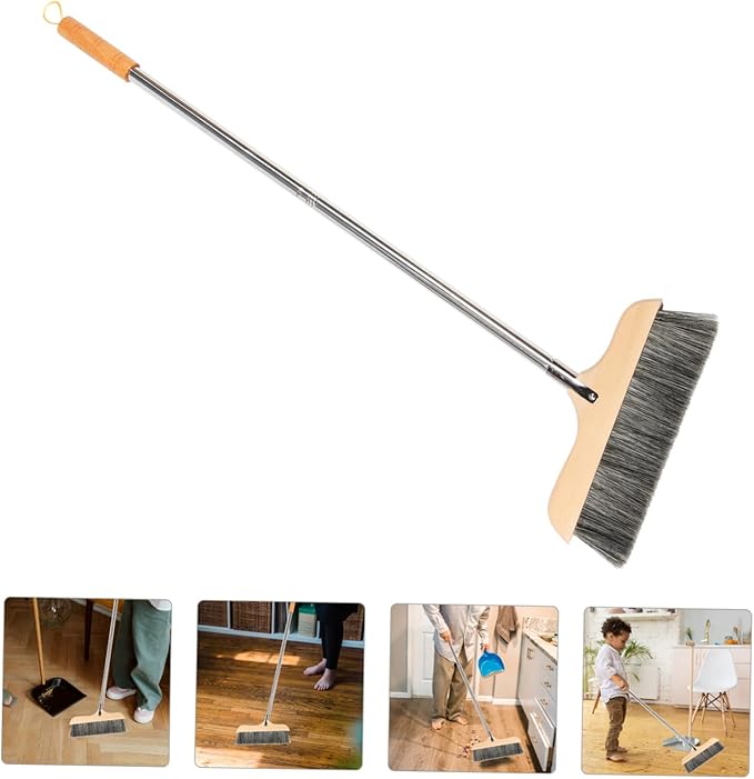 Soft Bristle Broom Indoor Sweeping Brooms for House Black Wood Handle Static-Free Design