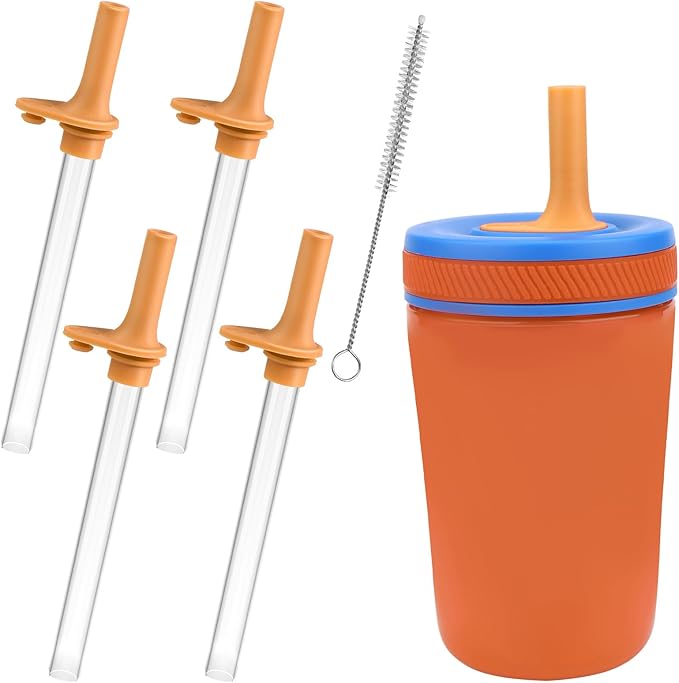 XANGNIER Replacement Straws and Bite Valve Compatible with Zak Designs Kelso 15 oz Tumbler Water Bottle,4 Pcs Silicone Straws with Cleaning Brush for Zak Designs Kelso 12 oz Cups,Deep Orange