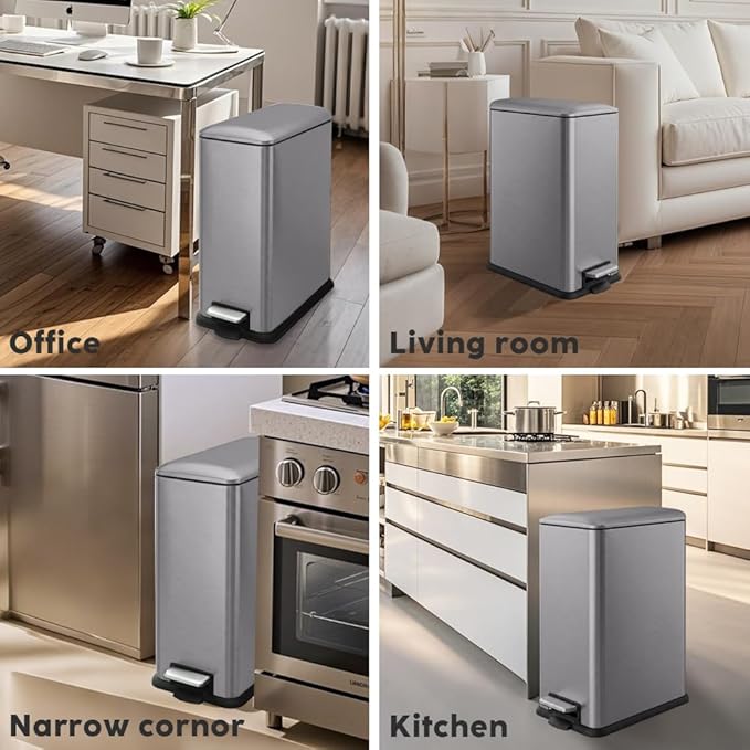 12 Gallon Slim Trash Can Kitchen, Stainless Steel Large Trash Can with Lid, Removal Inner Bucket, Pedal Kitchen Trash Can 45 Liter, Kohler Grey