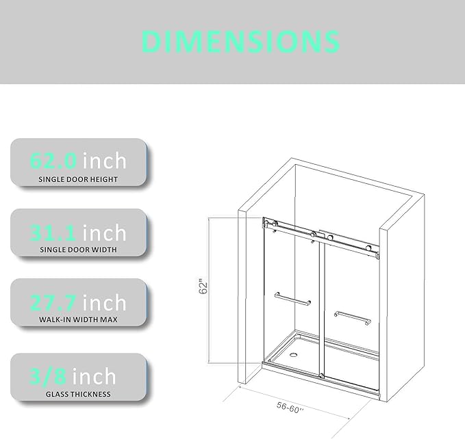 Brushed Gold Shower Door Tub with 3/8" (10mm) Clear SGCC Tempered Glass,56-60'' W x 62'' Frameless Double Sliding Bathtub Glass Shower Door,Anti-Rust Stainless Steel Handles