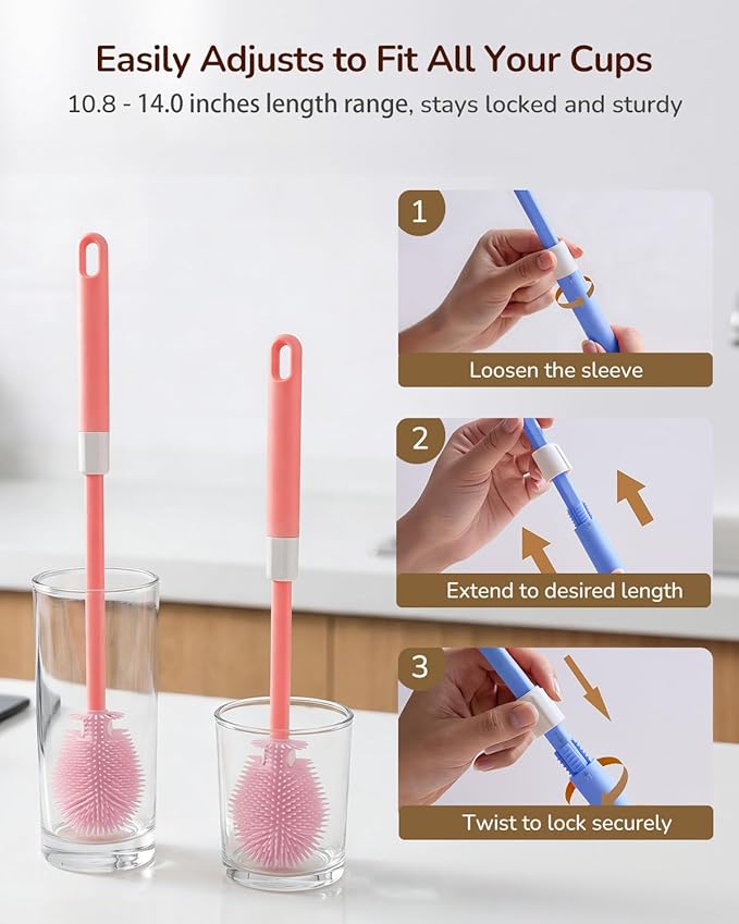 Extendable Bottle Brush with Straw Cleaner Brush, 10.8 to 14 Inches Adjustable Long Handle Water Bottle Scrubber for Cleaning Glasses, Cups, Coffee Mugs, tumblers with Replacement Head, Blue