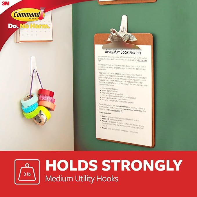 Command Medium Utility Hooks, 9 Wall Hook and 12 Strips, Damage-Free Hanging with Adhesive, No Tools Great for Hanging, Organization and Storage, Holds up to 3 lb