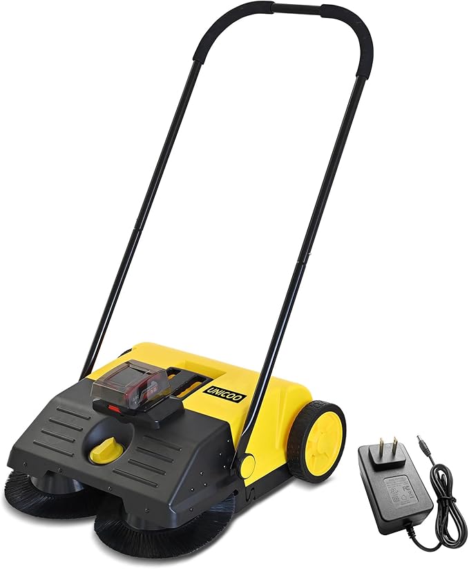 UNICOO® Electric Hand Push Floor Sweeper – Battery Powered Walk-Behind Sweeper with Dual Brush Rollers, 23" Sweeping Width & 6.6 Gallon Waste Bin – Indoor/Outdoor Push Sweeper (Yellow)