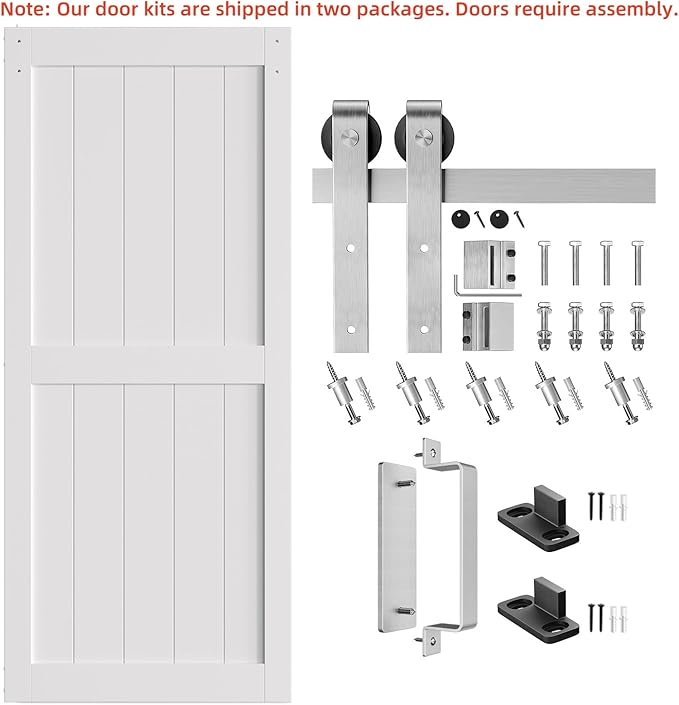 SmartStandard 36 x 84 inch White Sliding MDF Barn Door with 6.6FT Brushed Nickel Sliding Door Hardware Kit & Handle, Pre-Drilled Ready to Assemble, Waterproof PVC Coating, H-Frame