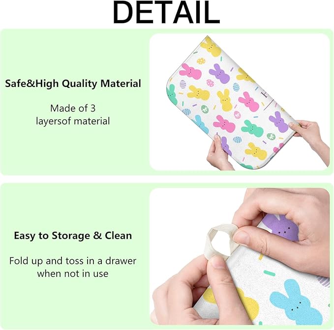 Happy Easter Dish Drying Mat for Kitchen Counter,Cute Bunny Microfiber Drying Mat,Washable Absorbent Kitchen Countertop Dish Mat Drain Pad 18×24 Inch