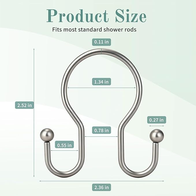 Goowin Shower Curtain Hooks, 12 Pcs Shower Curtain Rings, Stainless Steel Shower Curtain Hangers, Metal Shower Curtain Hooks Rings Rust Proof, Minimalist Shower Hooks for Shower Curtain, Matte Nickel