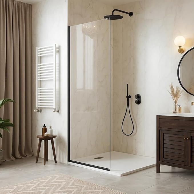 Yana Frameless Shower Door Screen, Fixed Shower Door Panels 3/8" Thick Tempered Glass, Water Repellent, Reversible Shower Wall Panel with Matte Black Finish 36" x 76"