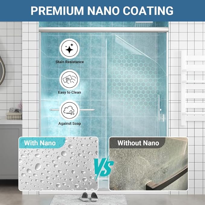 Glass Sliding Shower Door 56-60" W x 72" H, Semi Frameless Double Sliding Bathroom Shower Door, 1/4"(6mm) Clear Tempered Glass, Nano Easy Cleaning Coated, ANSI Cerified, Brushed Nickel
