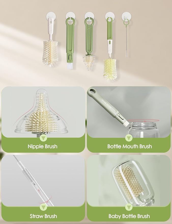 Baby Bottle Brush Set-Travel Bottle Cleaner Kit with Silicone Brush,Drying Rack,Nipple Brush,Straw Brush,Bottle Mouth Brush,Storage Box-6 in 1 Portable Bottle Washing Kit for Home and Travel