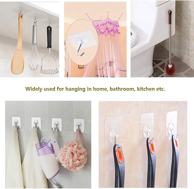 20 Pack Transparent Adhesive Hooks 33 lb(Max) 15KG Waterproof and Oilproof Reusable Seamless Hooks Heavy Duty Wall Hook for Kitchen Bathroom Office