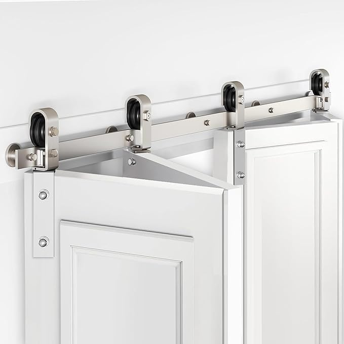 60'' Bi-Fold Sliding Barn Door Hardware Track Kit for Four 14'' Doors,Side Mount Installation,Heavy Duty Roller,Smoothly and Quietly - Brushed Nickel(Doors Not Included)