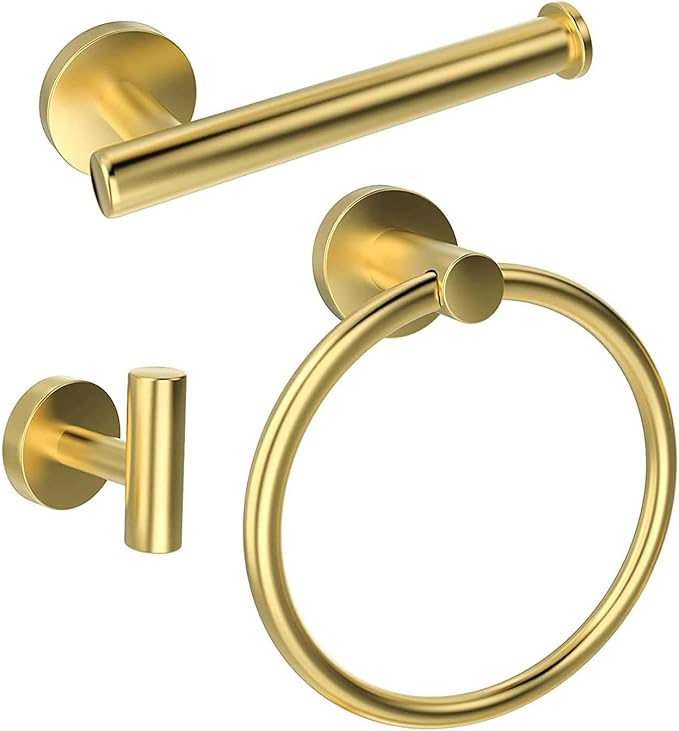 Towel Ring Set 3 Pieces Bathroom Kit Accessories Restroom Towel Holder Toilet Paper Holder and Hook Set Stainless Steel Bathroom Hardware (Brushed Gold)