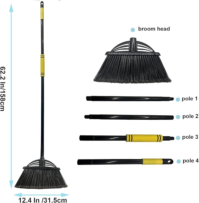 Four-Section Rod Long-Handled Broom,Heavy-Duty Broom, Angle Broom for Outdoor/Indoor（Black+Orange）