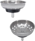 KONE 2PCS Kitchen Sink Basket Strainer Replacement for 3-1/2 Inch Standard Drains Brushed Stainless Steel Body Metal Center Knob with Rubber Stopper