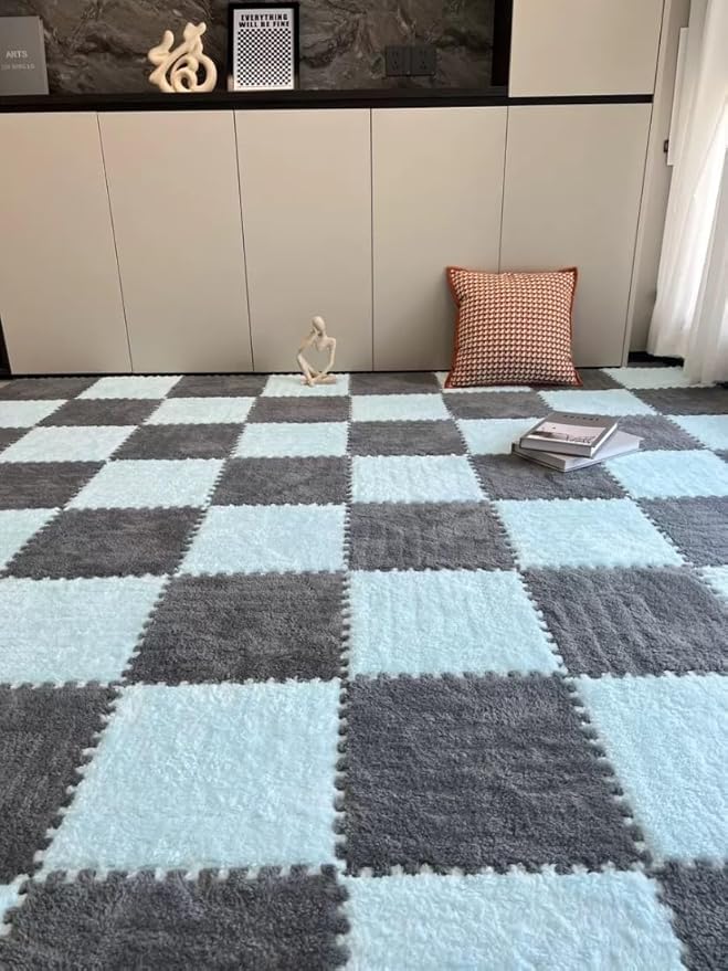 12Pcs Interlocking Carpet Tiles,12"x 12" Plush Interlocking Foam Carpet Tiles with Border,Fluffy Play Mat Floor Tiles Thick Padded Squares Foam Tiles for Playroom Decor (Light Blue+Grey)