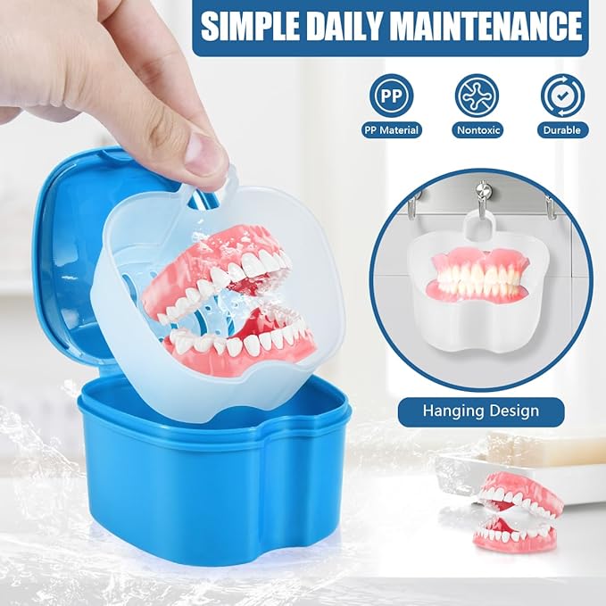 2 Pack Denture Bath Case Cup Box Holder Storage Container with Denture Cleaner Brush Strainer Basket for Travel Cleaning (Light Blue and Pink)