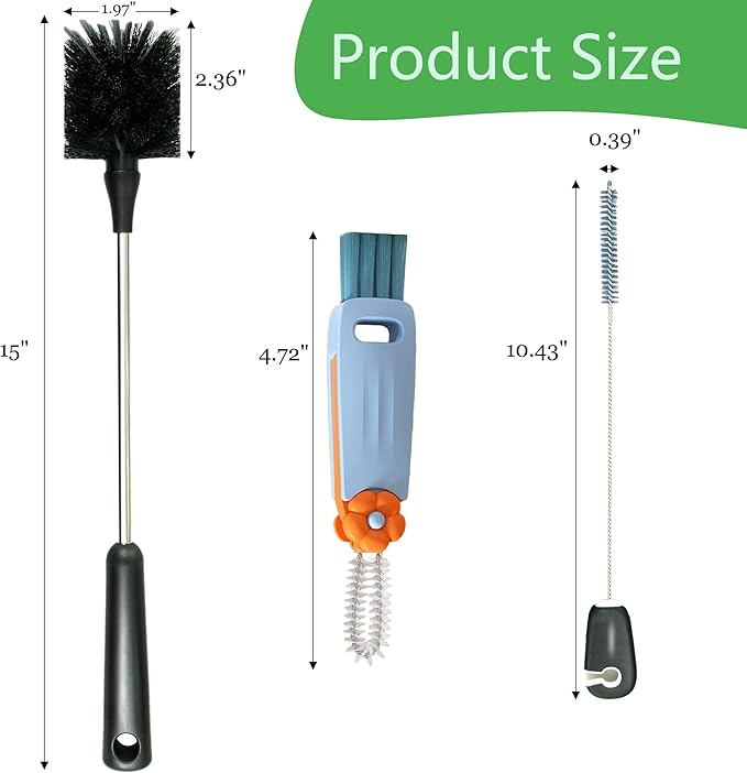 3 Pack Bottle Brush, 15 Inches Long Handle Water Bottle Cleaner Brush Set, Stainless Steel Cleaning Brushes with Straw Brush & Lid Cleaner for Sports Water Bottles, Baby Bottles, Mugs, Cups, Glassware