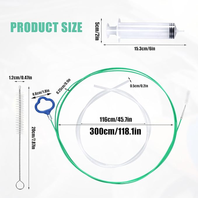 Auto Sunroof Drain Cleaning Tool Kit, 118in Long Pipe Cleaners Unclogger with Tube Cleaning Brush Syringe Hose Syringe Flexible Soft Drain Brush for Car Automotive Sun Roof Trunk Wiper Hole