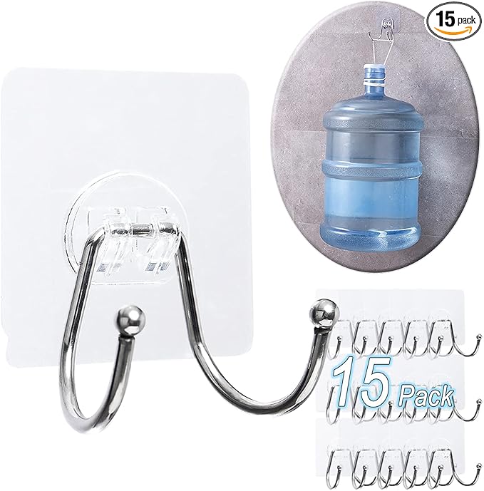 15 Pack Large Double Adhesive Wall Hooks, Damage-Free Waterproof 33 Ib Max Heavy Duty Hanging Clear Seamless Sticky Utility Hooks, Towel Coats Hats Clothes Nail Free Hangers (Twin Round Head)