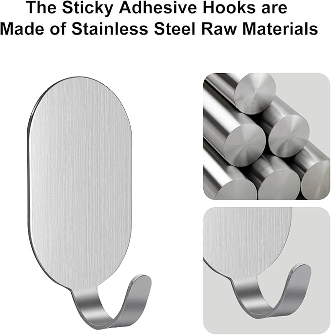 Stainless Steel Hooks, 10 Pcs Command Hooks Wall Mount Hanger, Drill Free No Damage, 11 Lbs Capacity, Silver