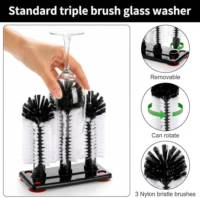 Yesland Water Bottle Cleaning Brush with Suction Base, 3 Head Removable Glass Washer Bristle Brush Cleaner for Long Leg Cup, Beer Cup, Red Wine Glass, Bar, Kitchen, Sink, Home Tools