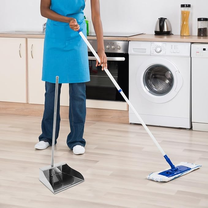 Cabilock Stainless Steel Upright Dustpan with Long Handle Heavy Duty Metal Dust Pan for Home Cleaning Floor Debris Removal 28.34X10.03X8.54 Inches No Bent Over Garbage Shovel