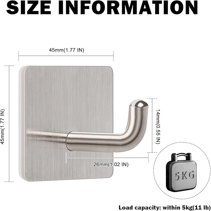 Livabber Adhesive Towel Hooks, 304 Stainless Steel Self Sticky Wall Hooks Waterproof Shower Hooks for Robe/Clothes, No Drilling Towel Hangers for Bathroom Kitchen Bedroom (Brushed Nickel, 6 Packs)