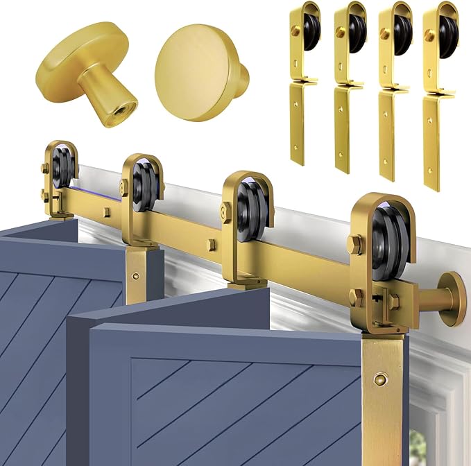 Rio Salto Gold Bifold Sliding Barn Door Hardware Kit Heavy Duty Metal Track System with Matching Knobs Gold Bi-Fold Barn Door Bifold Closet Doors, Bi-Folding 52" Track for 4 Doors, 4 Rollers No Door