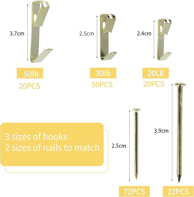 Aynoo 184 Pieces Picture Hanging Kit,Coat and Towel Wall Hooks,3 Size Picture Hooks Including 20/30/50 lbs,Metal with Nails