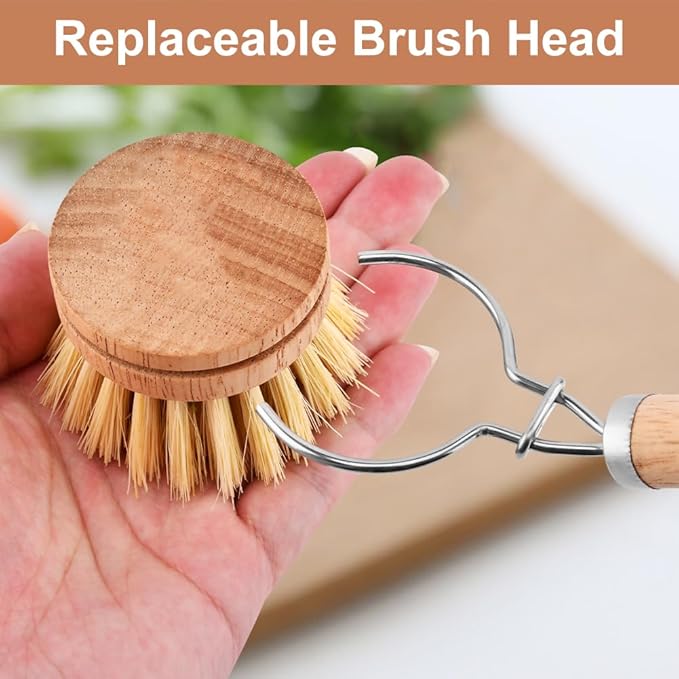 Bamboo Dish Brush Set, 1 Wooden Handle with 3 Natural Bristle Heads All Purpose Kitchen Scrub Brush with Sisal and Palm Horsehair for Cleaning Dishes Pans Vegetables(Color:Wood)