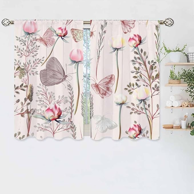 Pink Floral Kitchen Curtains Pretty Elegant Peony Rose Lovely Butterfly Short Tier Curtains for Bathroom Cafe Small Window Drapes Treatment 2 Panels (27.5x39 Inch)