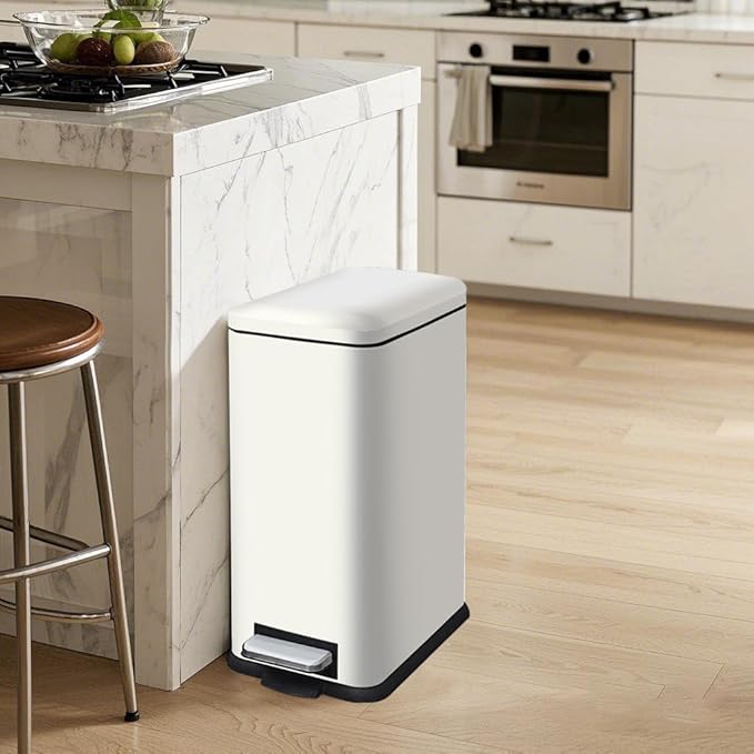 8 Gallon Trash Can with Lid, Stainless Steel Kitchen Trash Can with Removal Inner Bucket, Soft Close & Stay Open, Step Trash Bin for Kitchen, Office, Laundry, Bathroom, 30 Liter, White