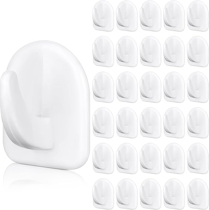 Jetec 60 Pieces White Adhesive Wall Hooks Reusable Seamless Hooks for Hanging Small Sticky Acrylic Hangers with Non Marking Sticker for Kitchen Bathroom Bedroom Office