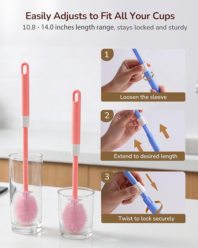 Extendable Bottle Brush with Straw Cleaner Brush, 10.8 to 14 Inches Adjustable Long Handle Water Bottle Scrubber for Cleaning Glasses, Cups, Coffee Mugs, tumblers with Replacement Head, White