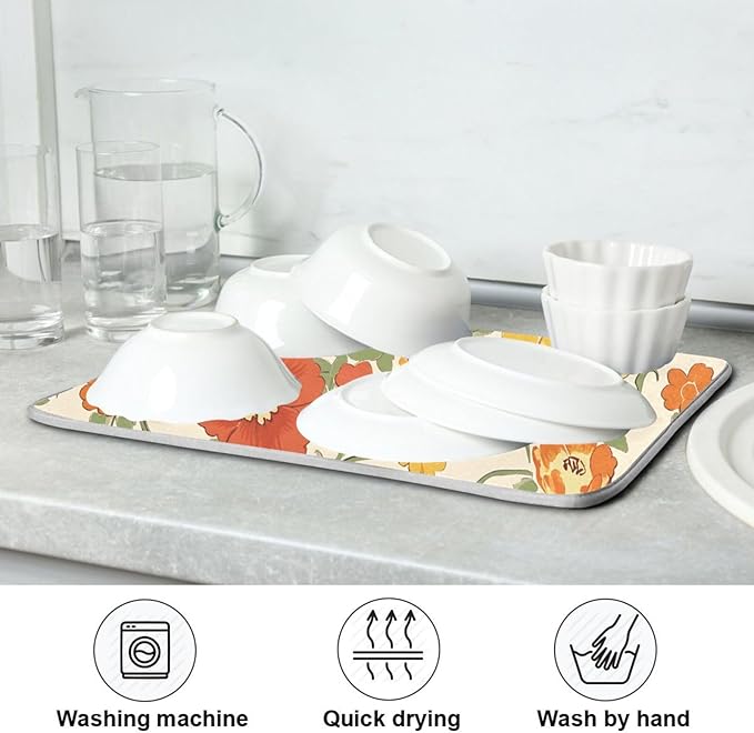 Retro Yellow Orange Flowers Dish Drying Mat for Kitchen Counter Absorbent Microfiber Drying Pad, Medium 16x18 in, Reversible Drainer Mats