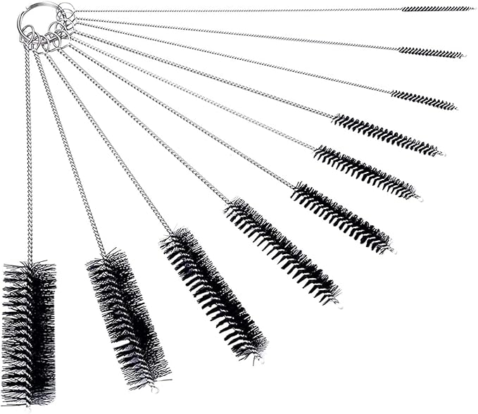 10" Tube Cleaning Brush Set, 10 Pack, Extra Long Nylon Straw Brushes with Flexible Handles for Bottles, Cleaning Straws, Pipe Cleaners, Keyboard, Glass, Guns, Detailing and Deep Cleaning, Black