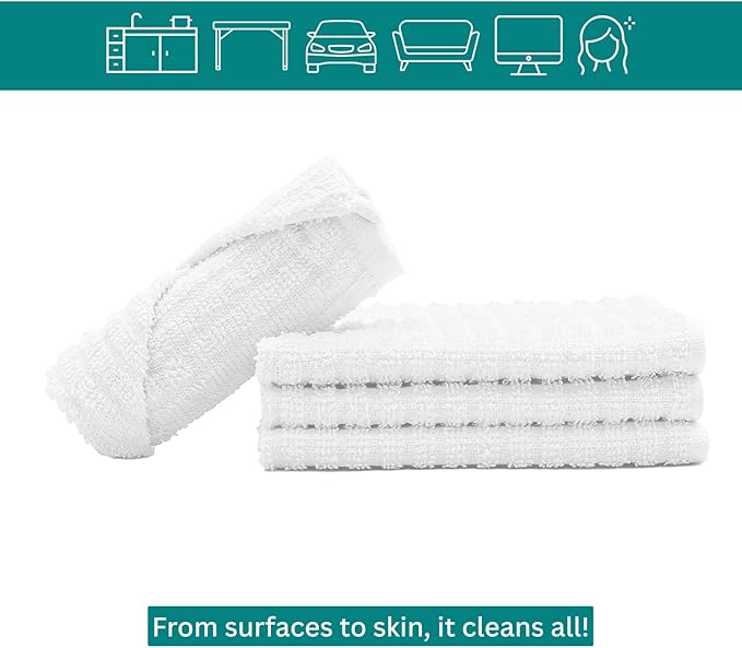 Looperry White Terry Cloth Rags (32 Pack) 16"x19" Inches Ribbed - Lint Free Dish Cloth Multipurpose Cleaning Rags for Housekeeping, Car Wash. Absorbent & Reusable Bar Mop Towels for Kitchen Cotton