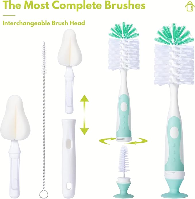 Baby Bottle Brush Set with Nipple Cleaner and Suction, 10.2" Cleaning Brush and 6.5" Sponge Bottle Brush with A Replacement Brush Head and Two 6.7" Straw Brushes, Pack of 5 (Green)
