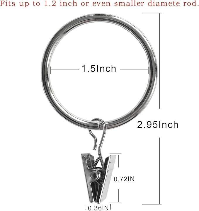 100 Pack Metal Curtain Rings with Clips, Drapery Clips Hooks, Decorative Curtain Rod Clips 1.5 in Interior Diameter, Silver