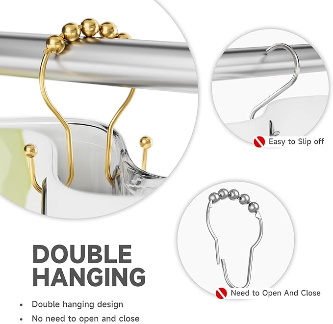 Shower Curtain Hooks, Shower Curtain Rings Rust Proof Double Hook Shower Curtain Hooks, 12 Pcs Dark Gold Shower Hooks for Shower Curtain, Shower Rings for Curtain, Metal Shower Rod Hooks